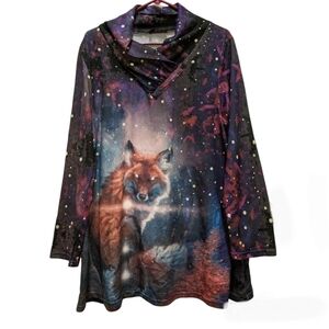 Galaxy Fox tunic long sleeve shirt celestial blue purple all over print